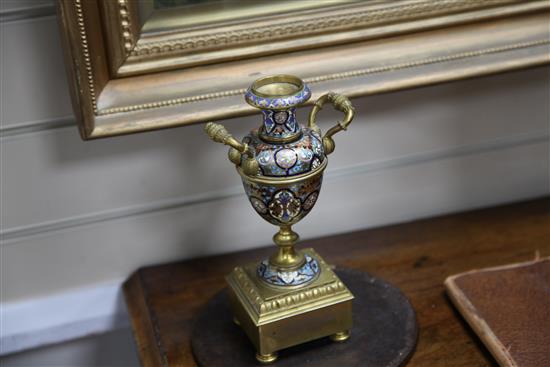 An early 20th century French ormolu and champleve enamel clock garniture, clock 14.5in.